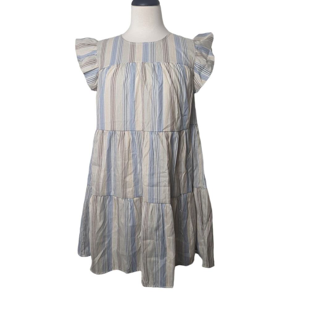 Blu Pepper Womens Blue & Tan Striped Tiered Baby Doll Dress Size Small